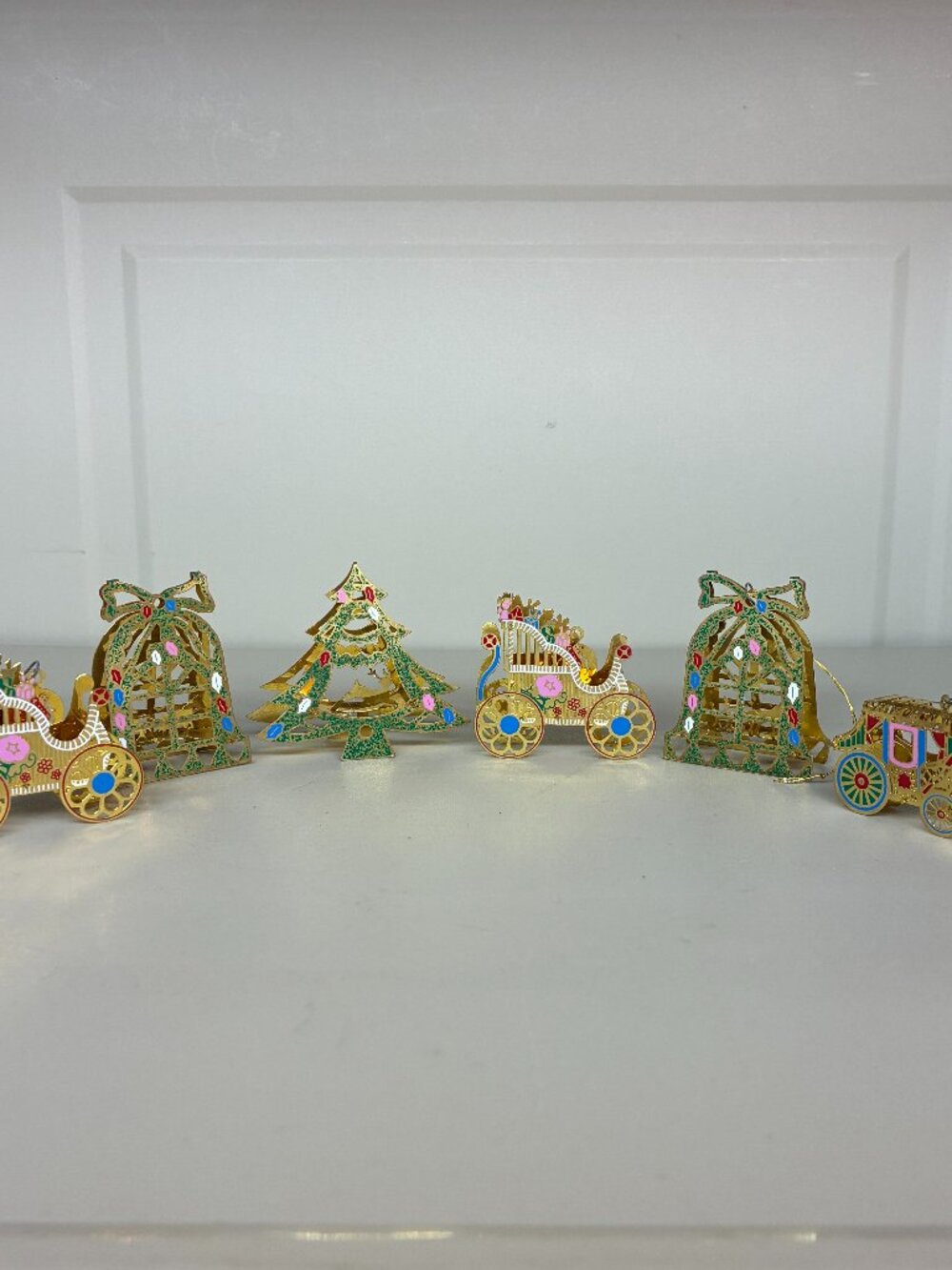 Vtg Brass Gold Filigree 3D Christmas Ornaments Lot Carriage Bells Tree Enameled